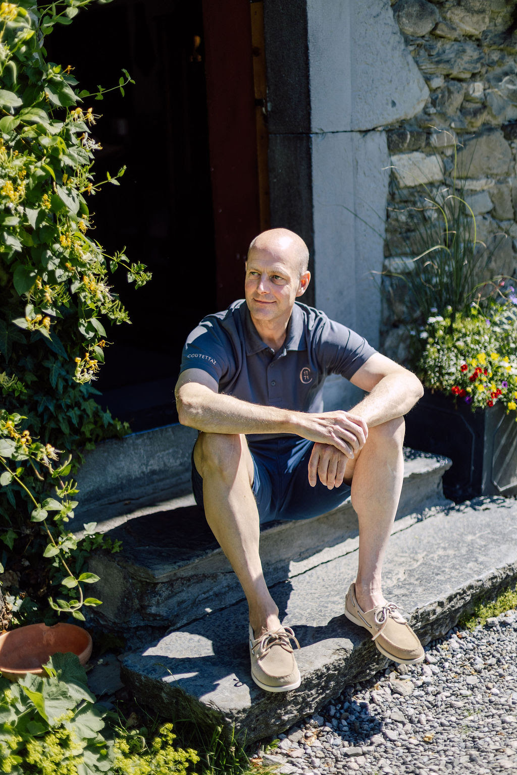 James wearing Sebago