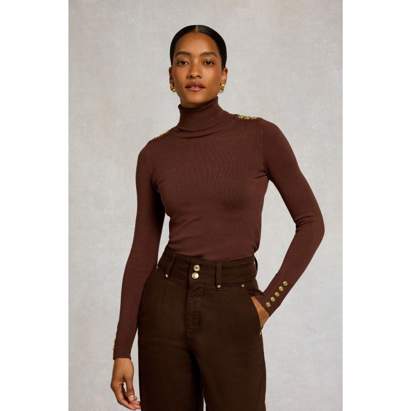 Buttoned Knit Roll Neck - Walnut