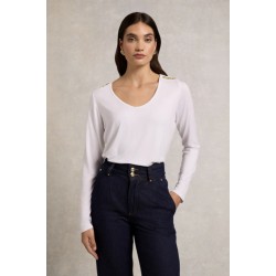 Holland Cooper Long Sleeve Vee Neck Tee - White 