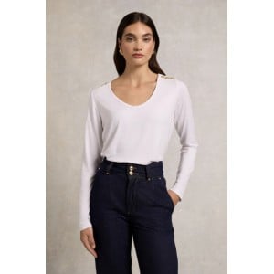 Holland Cooper Long Sleeve Vee Neck Tee - White 