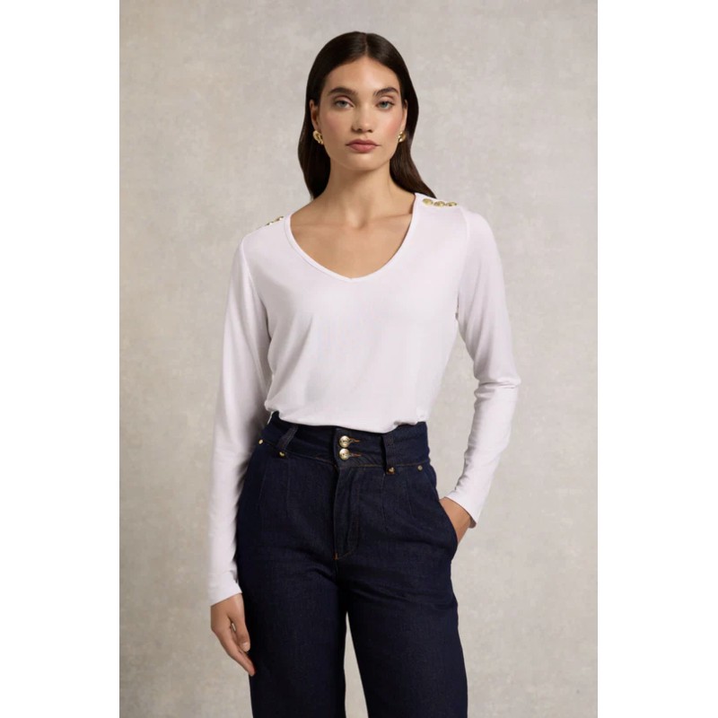Long Sleeve Vee Neck Tee - White