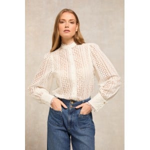Holland Cooper Collarless Broderie Shirt - White Cotton