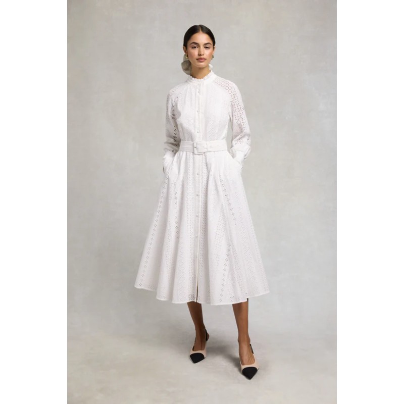 Aimee Collarless Broderie Dress - White