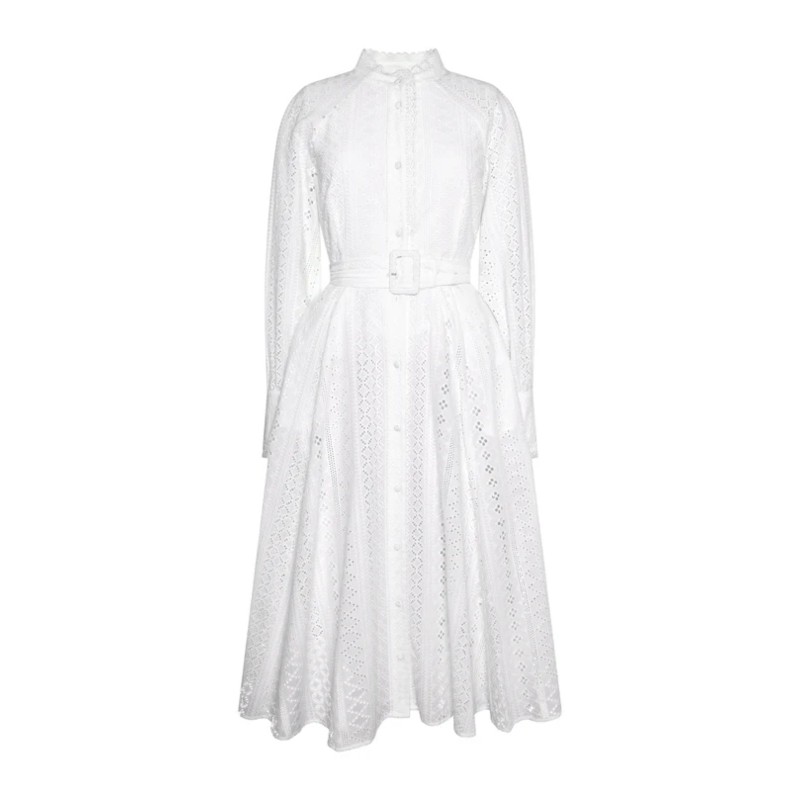 Aimee Collarless Broderie Dress - White