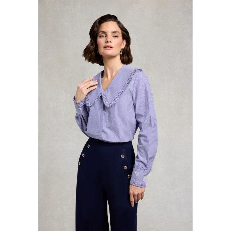 Clementine Ruffle Collar Shirt - Yacht Blue Stripe