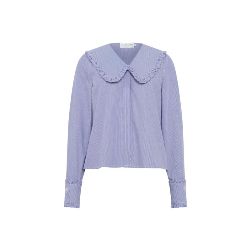 Clementine Ruffle Collar Shirt - Yacht Blue Stripe