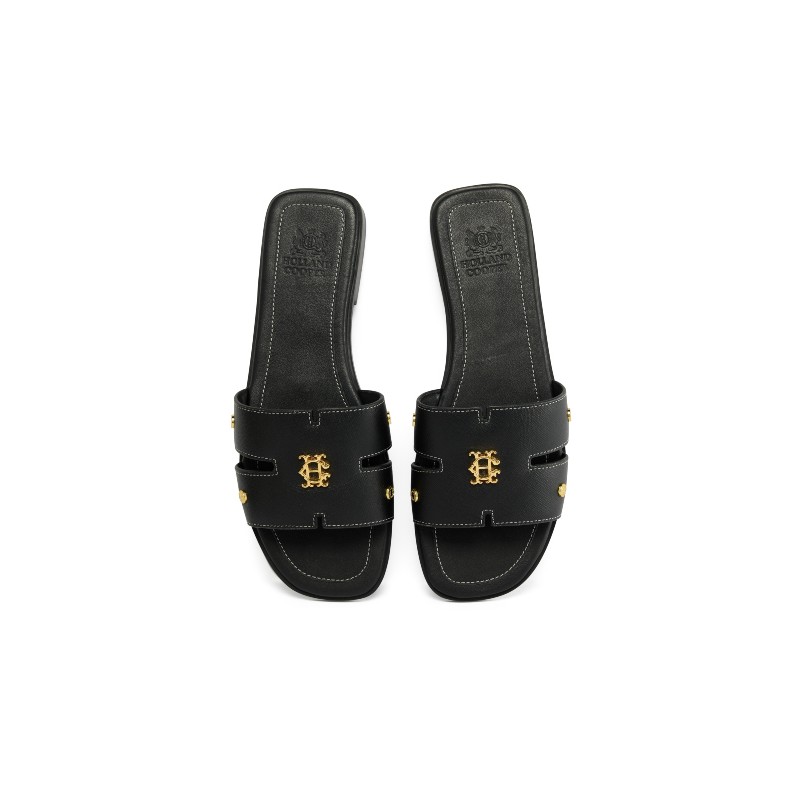 Heraldic Monogram Slides - Black Saffiano Leather