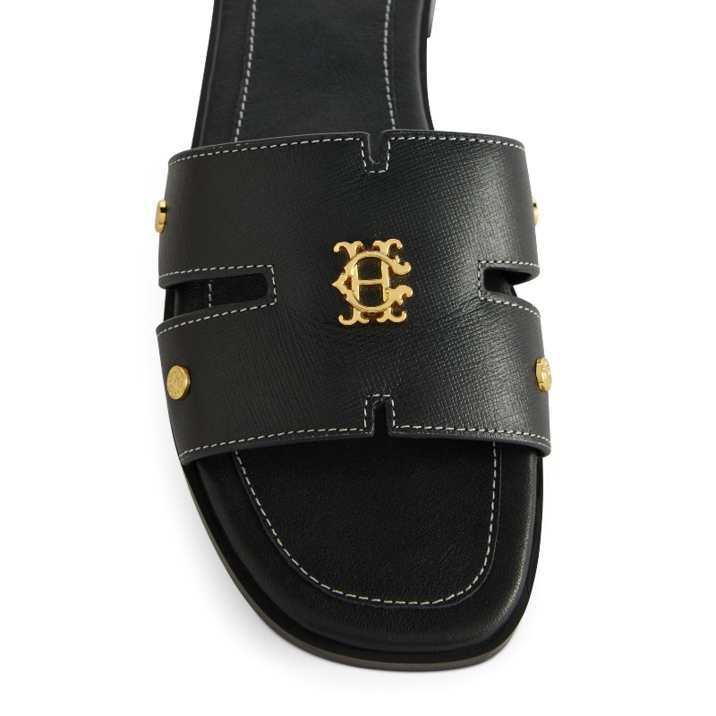 Heraldic Monogram Slides - Black Saffiano Leather