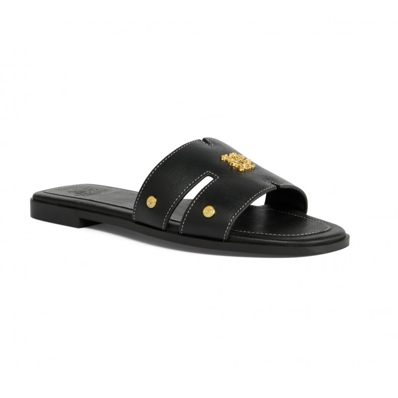 Heraldic Monogram Slides - Black Saffiano Leather