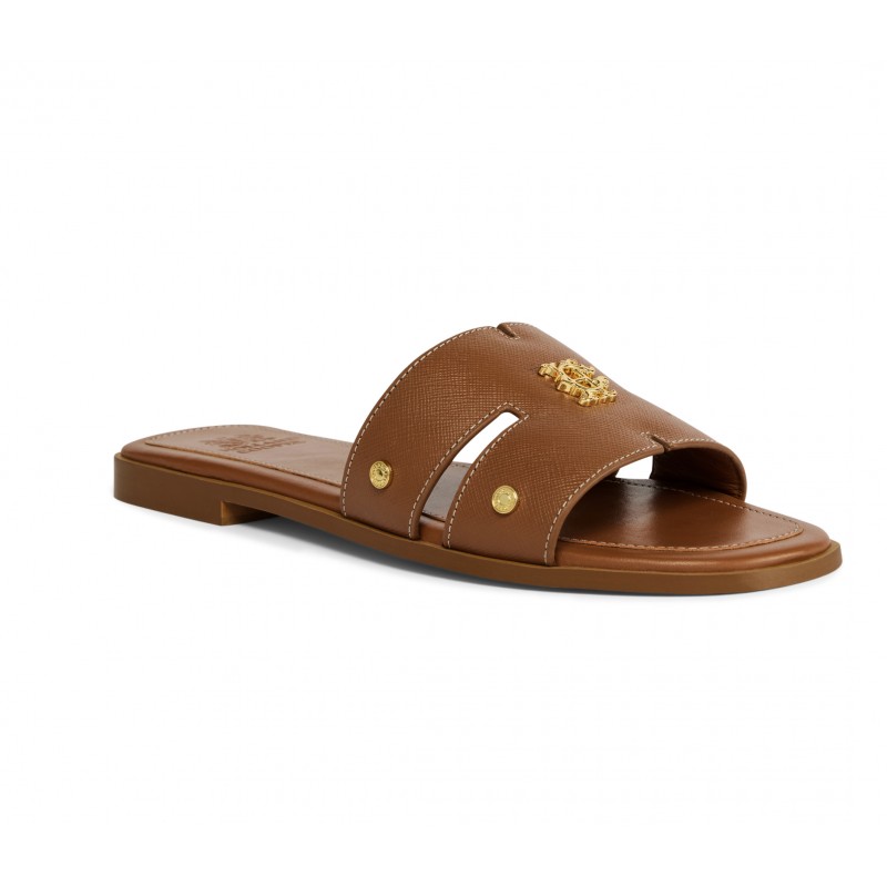 Heraldic Monogram Slides - Tan Saffiano Leather