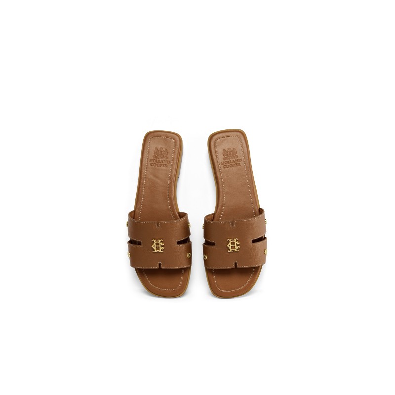 Heraldic Monogram Slides - Tan Saffiano Leather