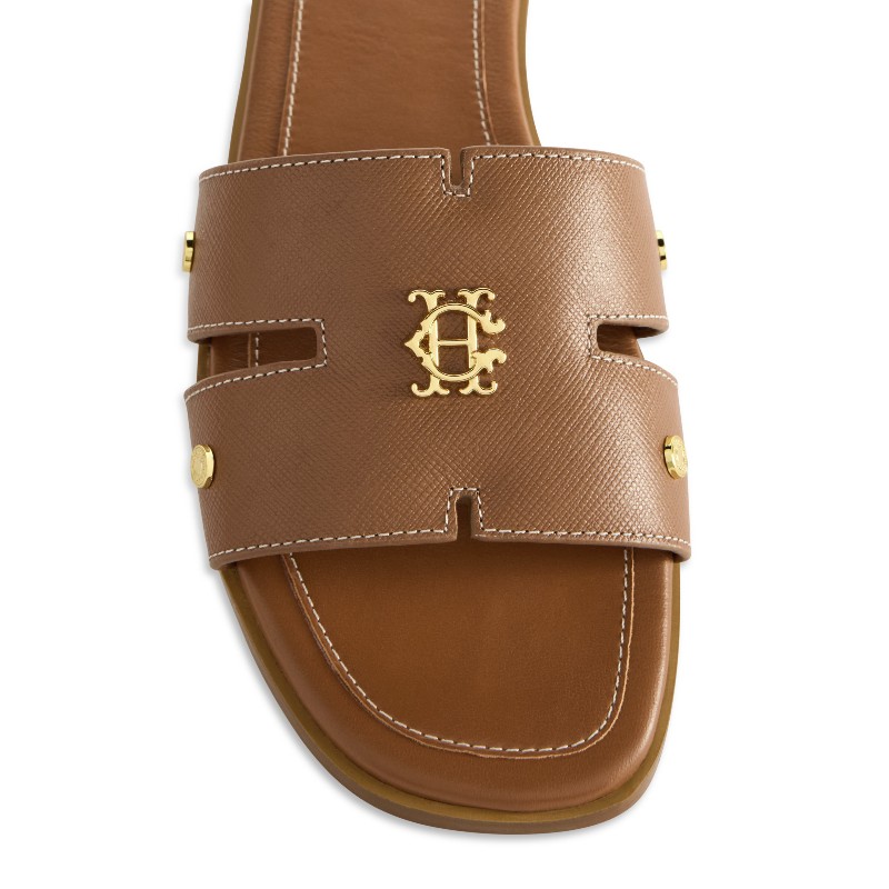 Heraldic Monogram Slides - Tan Saffiano Leather
