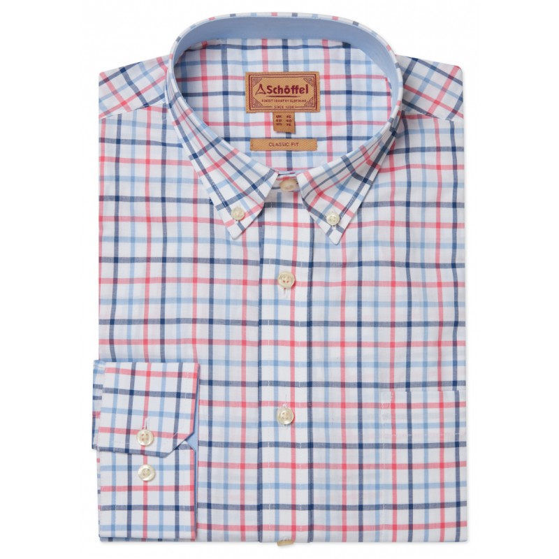 Holkham Classic Shirt 4052 - French Navy/Sky Blue/ Sun Coral Cotton