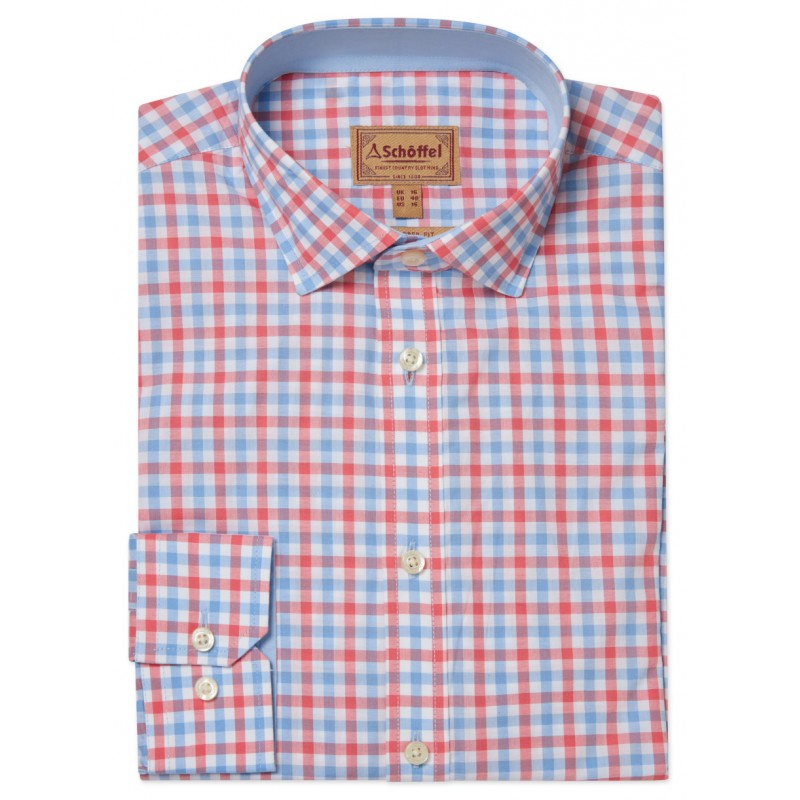 Hebden Tailored Shirt 4093 - Sun Coral/Sky Blue Check Cotton