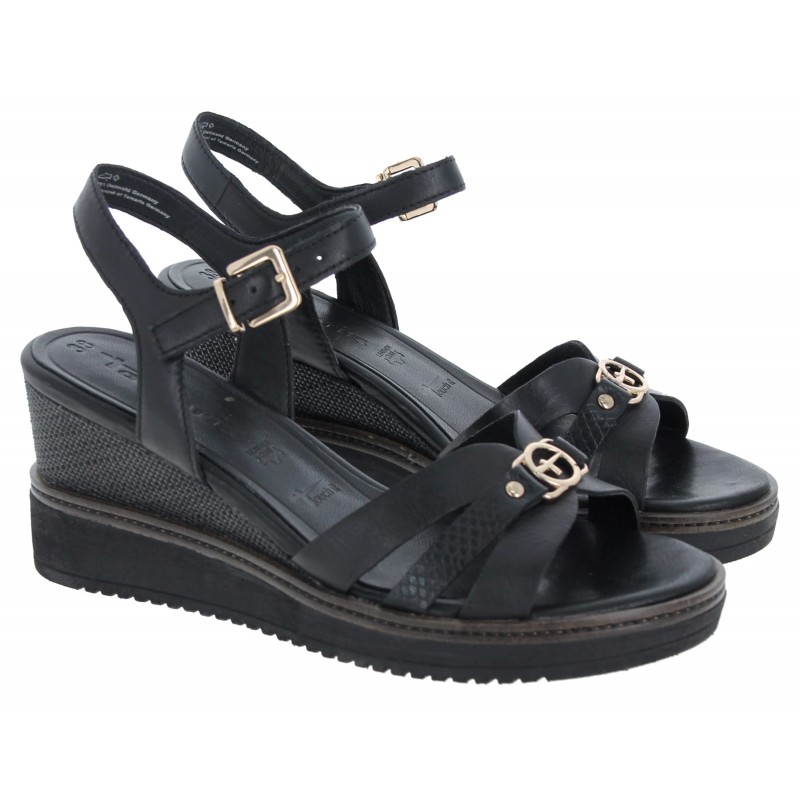 28010 Wedge Sandals - Black Leather