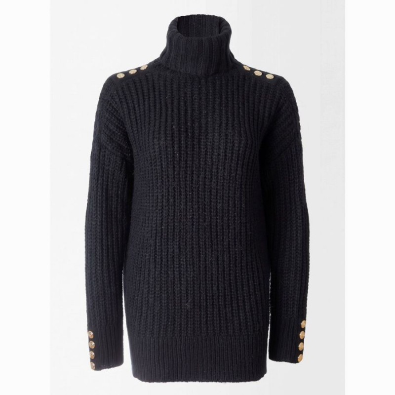 Buttoned Knit Roll Neck - Black