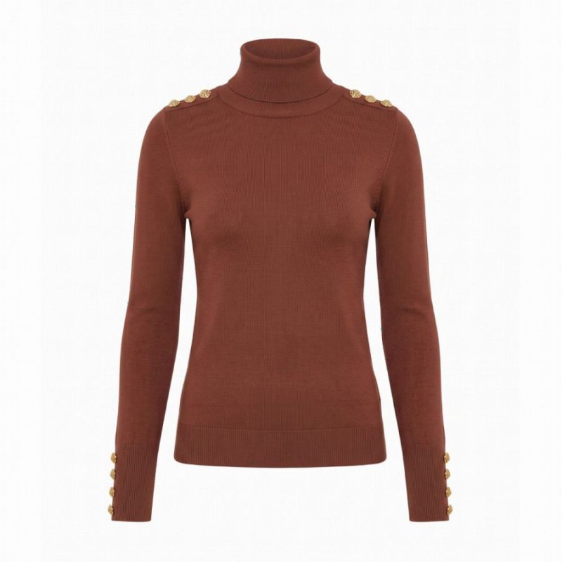 Buttoned Knit Roll Neck - Walnut