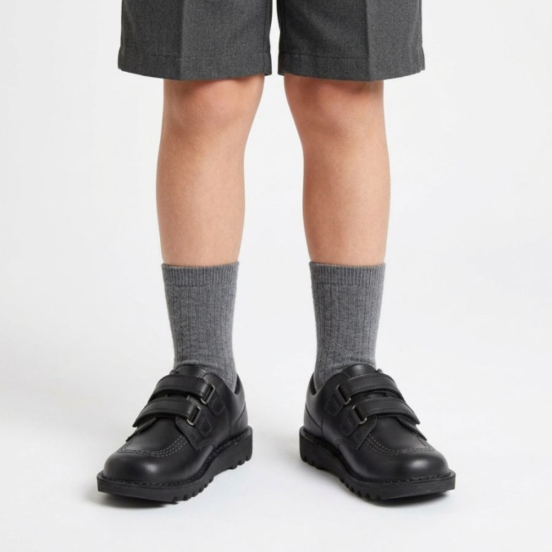 Kick Lo Twin Velcro Infant School Shoes - Black Leather