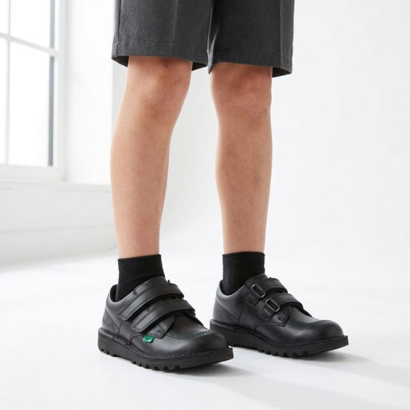 Kick Lo Velcro Junior School Shoes - Black Leather