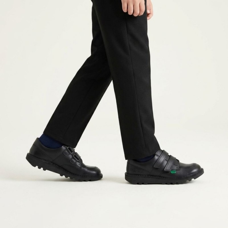 Kick Lo Velcro Junior School Shoes - Black Leather