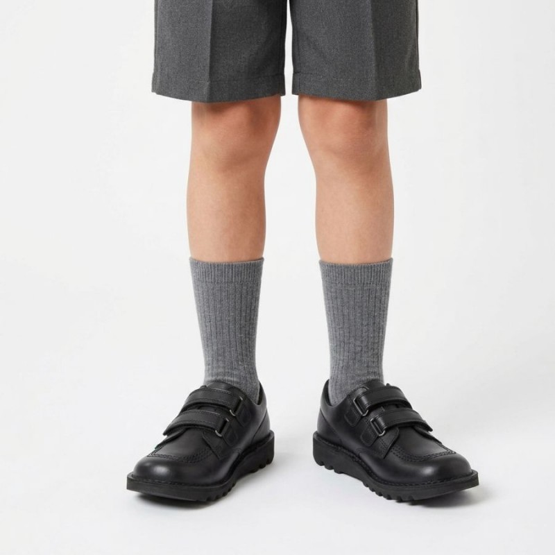 Kick Lo Velcro Junior School Shoes - Black Leather